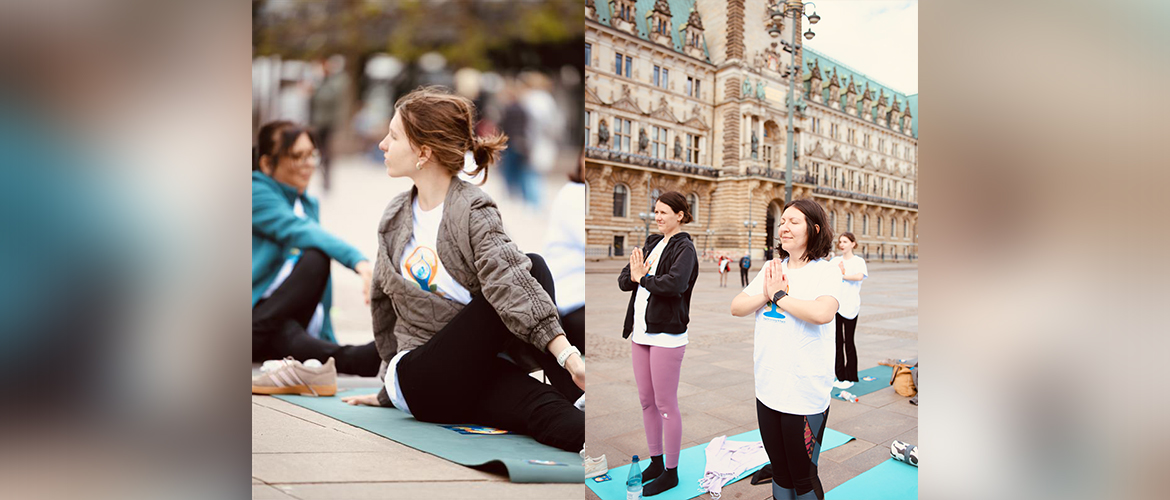 IDY 2025 celebrated in front of Hamburg Rathaus — where yoga meets heritage in a vibrant display of peace and tradition.